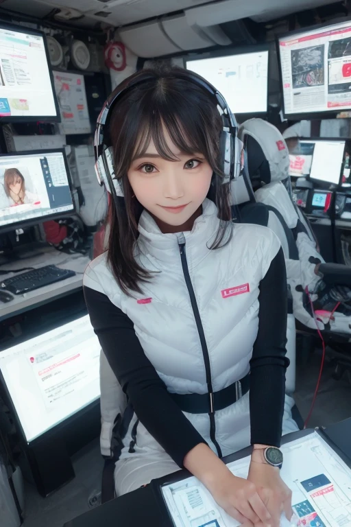 masterpiece, Highest quality, Very detailed, 8K Portrait,Japanese Android Girl,plump , Control panel,Robotic arms and legs, Blunt bangs,,break (Metallic Gray, Metallic luster, Mirror finish, Astro Best):5,headphone:5,break (Black sleeves):100,Smart Watches,Futuristic space station,Control Room,break headphone,blue eyes,(Black Hair):2,(Long Hair):1.3,Displaying the viewer,(respirator),break blush:3,Hidden Hand,smile