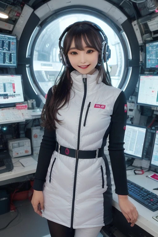 masterpiece, Highest quality, Very detailed, 8K Portrait,Japanese Android Girl,plump , Control panel,Robotic arms and legs, Blunt bangs,,break (Metallic Gray, Metallic luster, Mirror finish, Astro Best):5,headphone:5,break (Black sleeves):100,Smart Watches,Futuristic space station,Control Room,break headphone,blue eyes,(Black Hair):2,(Long Hair):1.3,Displaying the viewer,(respirator),break blush:3,Hidden Hand,smile