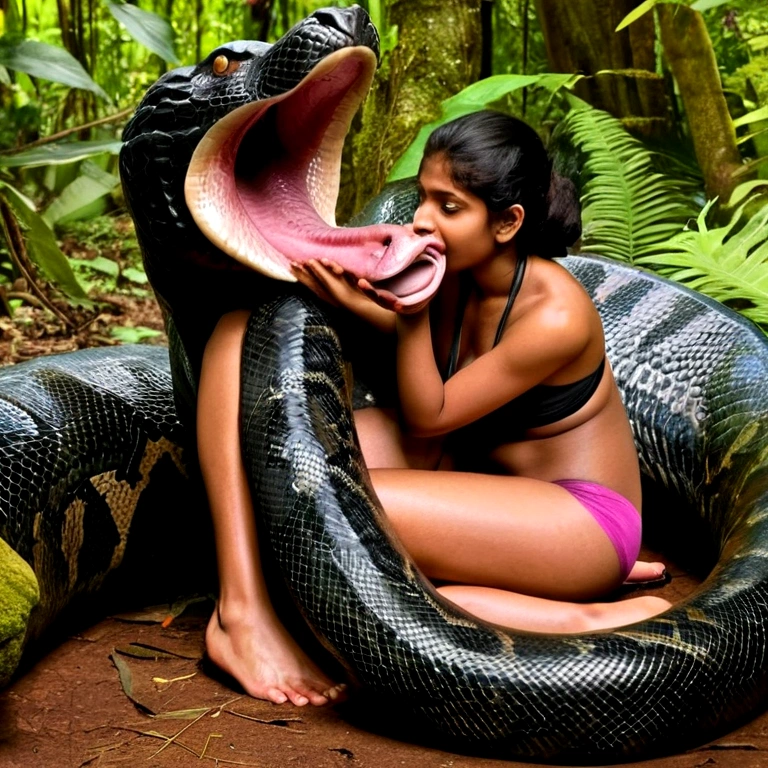 Topless pink thong wearing aroused horny beautiful happy young Indian girl vs Giant colossal black anaconda monster wrapped around her body squeezing her in coiled embrace cuddling and kissing sexual erotic bestiality sex realistic in the rainforest full body, best quality wet