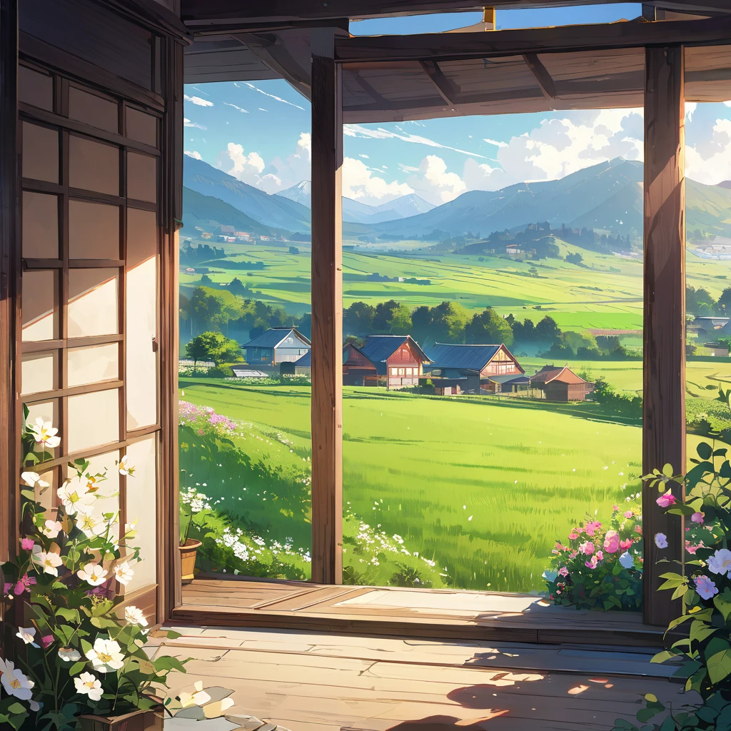 Illustration of peaceful countryside view from veranda, lush green fields, distant mountains, traditional houses, blooming flowers, blue sky, warm sunlight, gentle breeze, tranquil atmosphere, high detail, serene.