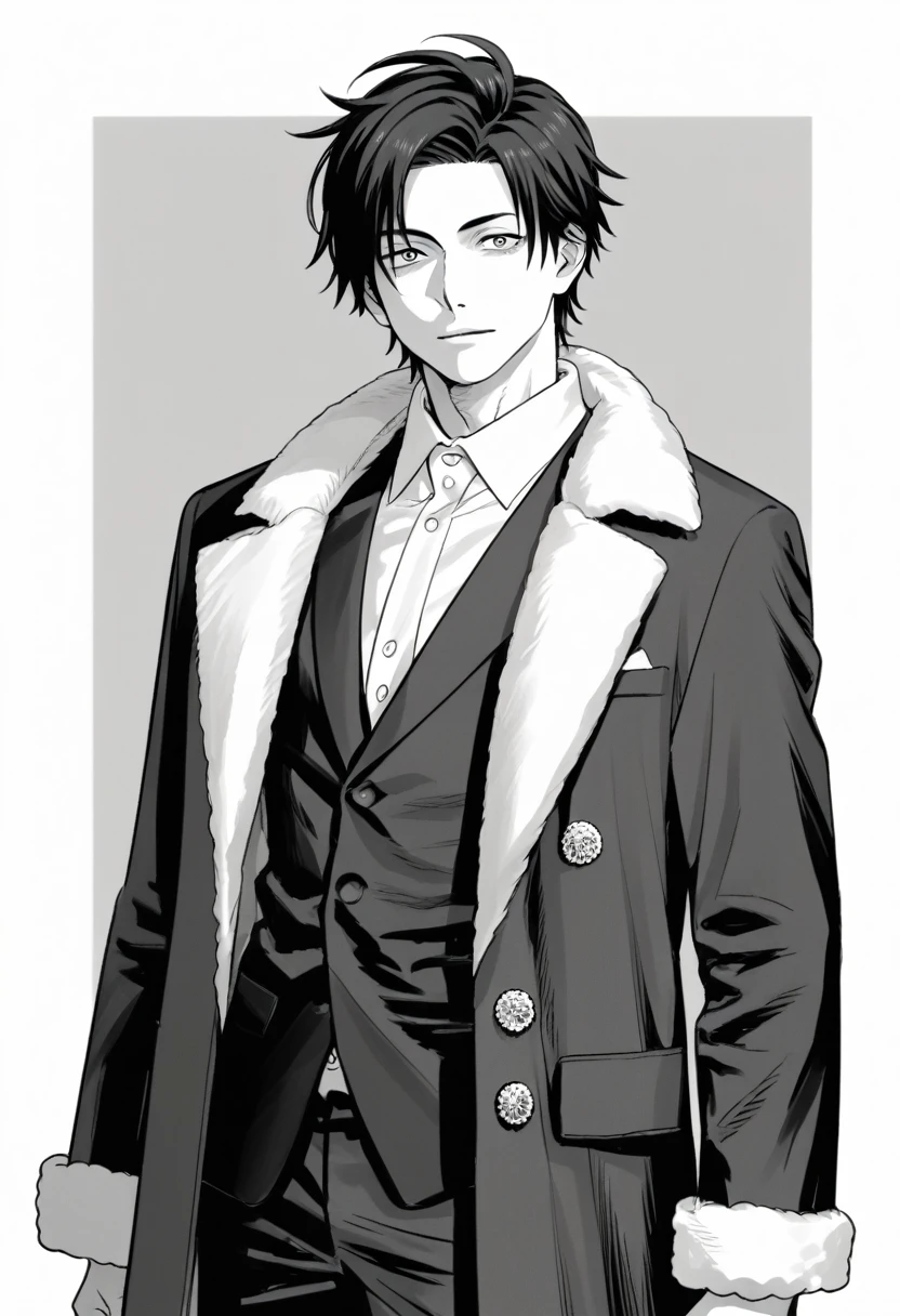 yuto-sano, 1boy, Kaneki, black hair, black suit, black long sleeves, fur coat, elegant, monochrome, solo, greyscale, male focus, looking at viewer