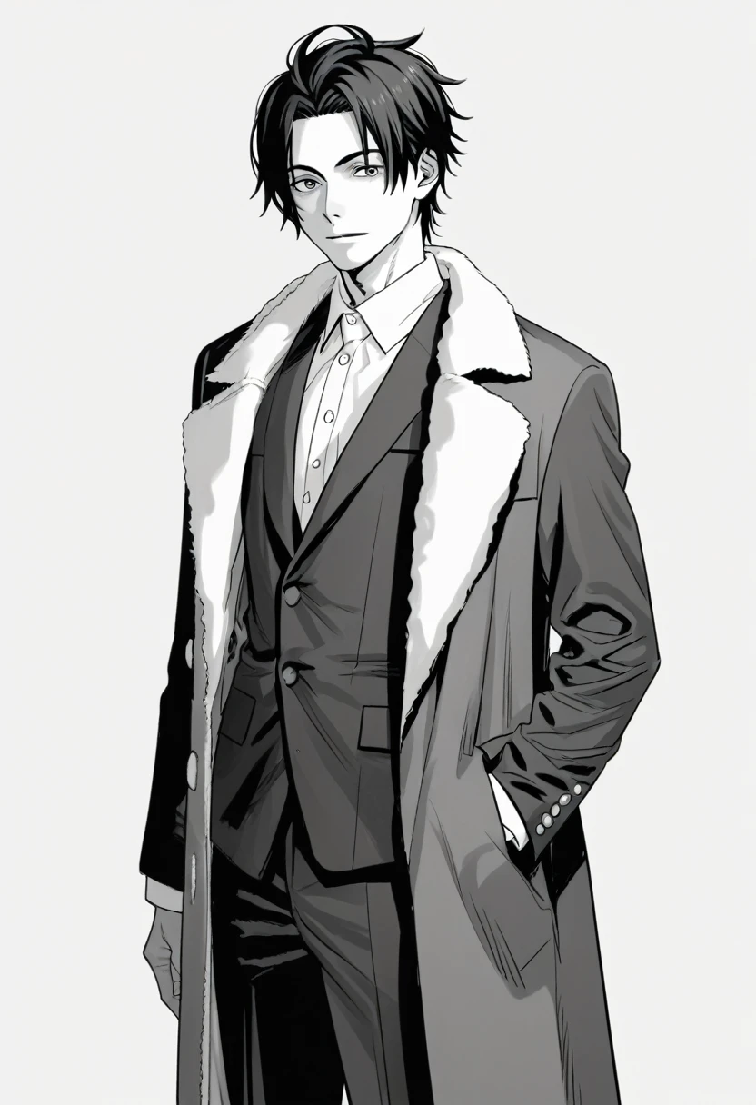yuto-sano, 1boy, Kaneki, black hair, black suit, black long sleeves, fur coat, elegant, monochrome, solo, greyscale, male focus, looking at viewer