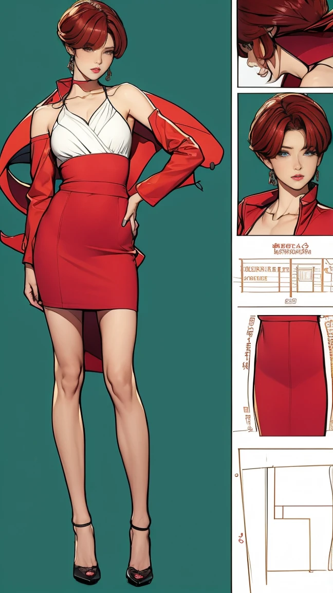 Ranma 1/2, redhead((masterpiece)),(((Highest quality))),((Reference Sheet, Character Design)),  (Very slim:1.4),  (Very small ass:1.4), Realistic buttocks, Medium chest，Short Bob, Thin thighs, Long legs,1 Girl，expensive，Long legs，Red Lip Big Wave，Royal Sister Fan，Fashionable clothes，Tight Bottom Skirt，High heels，Outdoor during the day，ウォーキングStreet，Street，Super cool