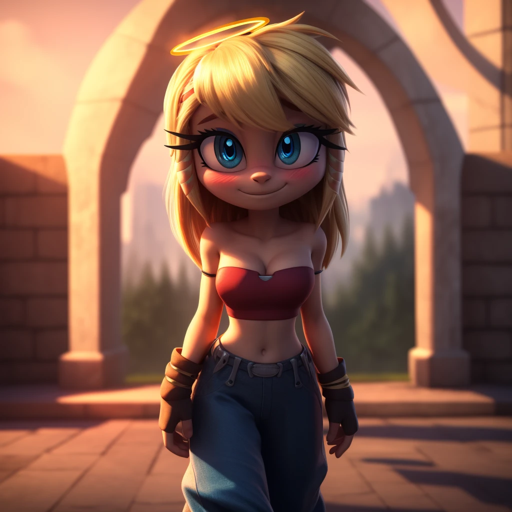 Astrid hofferson, baggy pants, strapless crop top, cleavage, high-top sneakers, blonde hair, halo, sunglasses, jewelry, aqua eyes, longeyelashes, aqua eyes, smile, shy, blush, high detail, masterpiece, UHD, anatomically correct, super detail, highres, 4K