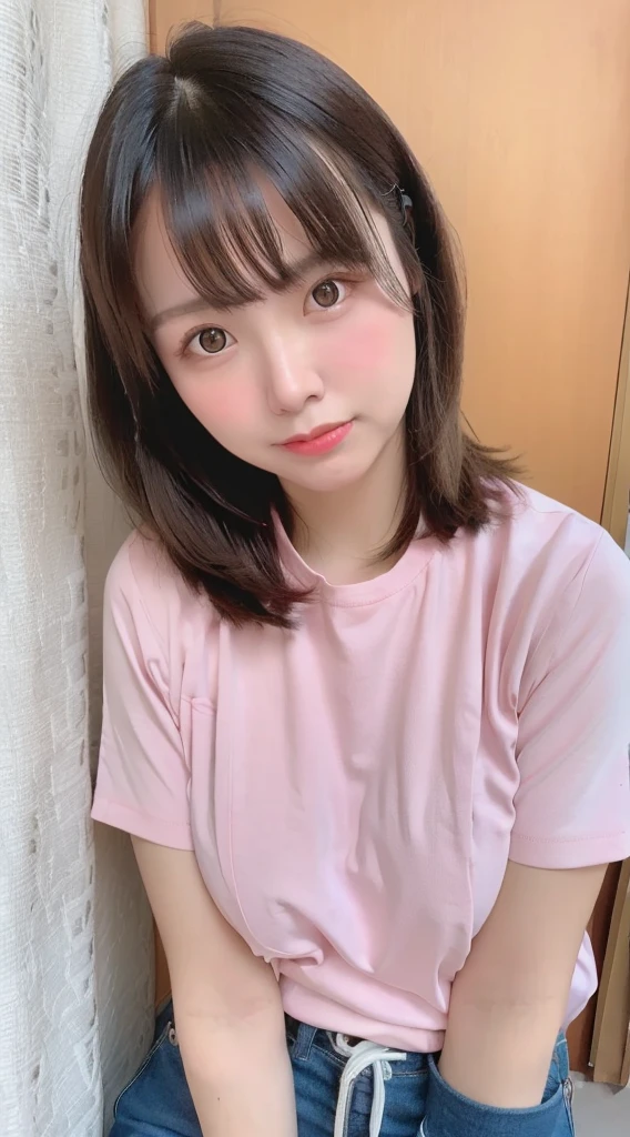 1 female、 Highest quality、 Ultra-high resolution、 (Realistic:1.4)、 blush、 cute、(Detailed face)、 Laughter、Looking into the camera、In town、Tight short-sleeved shirt、Tight pants、Huge breasts、 Accentuate your breasts、Large Breasts、Bobcut、 Straight Hair、Mole in the eye、 Full body portrait、Married women