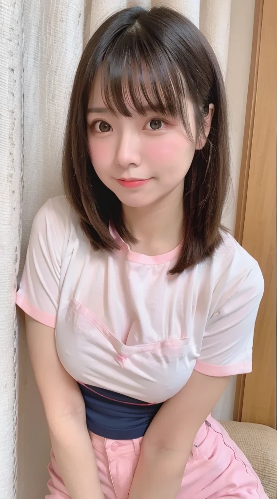 1 female、 Highest quality、 Ultra-high resolution、 (Realistic:1.4)、 blush、 cute、(Detailed face)、 Laughter、Looking into the camera、In town、Tight short-sleeved shirt、Tight pants、Huge breasts、 Accentuate your breasts、Large Breasts、Bobcut、 Straight Hair、Mole in the eye、 Full body portrait、Married women
