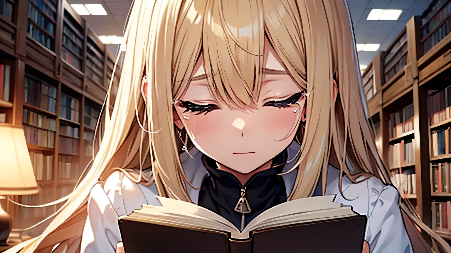 ((Highest quality)), ((masterpiece)), (detailed), One girl, library、I read a book、Tears、Close ~ eyes、blonde、Smooth Hair、