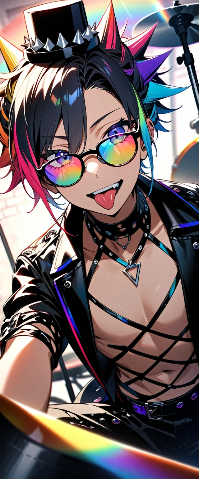 (((masterpiece,Highest quality))),(((A male anime character wearing a revealing enamel visual kei outfit with sunglasses and a multi-colored, spiky hairstyle, sitting at a drum set))),((Wearing a small hat at an angle)),((Fortress-like drum set)),(((Sticking out his tongue and holding up drumsticks))),Focus on the upper body,(high quality),アニメ,rainbow highlights hair