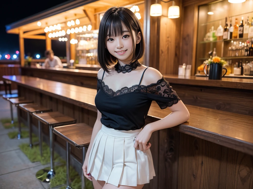 (Highest quality, masterpiece, Ultra-high resolution, 8K, RAW Photos, Realistic, Anatomically correct:1.5), (Stainless steel round bar fence:1.0, Put your elbow on the fence:1.2, high school girl、20-year-old girl:1.2, Embarrassing, avert your eyes, blush:1.0, View Viewer, ((bar)) 、Night view、 Light:1.2, Bokeh, Cinema Lighting:1.0, Depth of written boundary, sharp、 Cute face、Idol、Black short sleeve lace top、Black pleated skirt、Black clothing、”dwarf”、(Floral clothes)、Full Body Shot、Cowboy Shot、(( smile))、(Ultra short hair、Straight Hair)、(Straight bangs)、