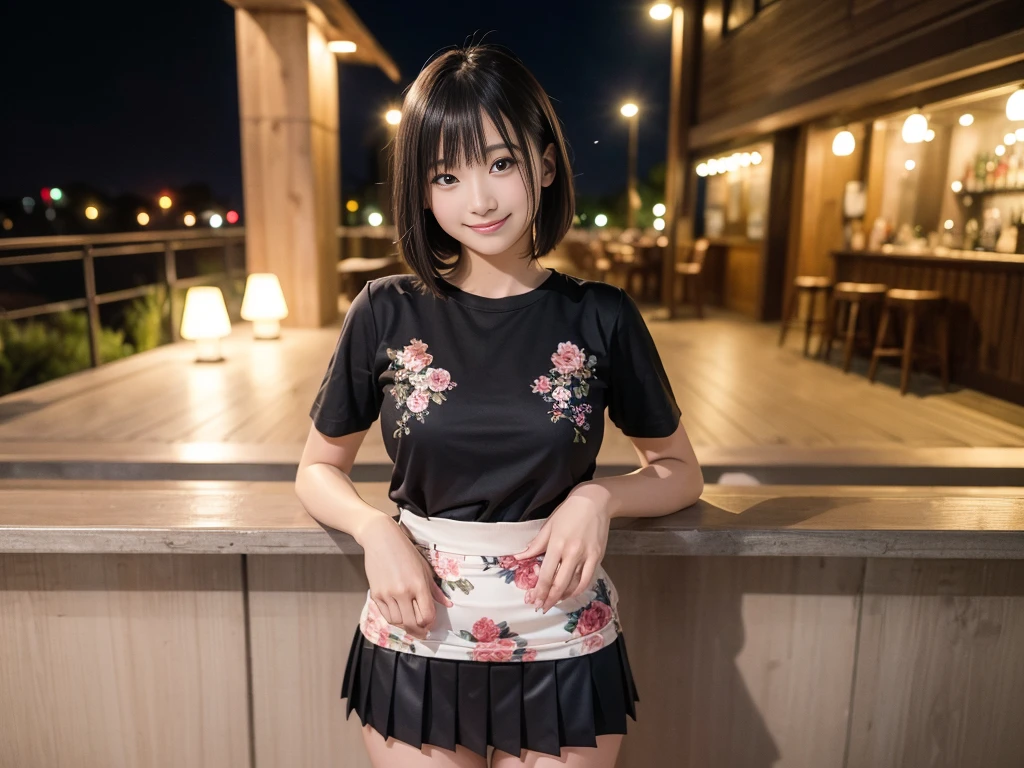 (Highest quality, masterpiece, Ultra-high resolution, 8K, RAW Photos, Realistic, Anatomically correct:1.5), (Stainless steel round bar fence:1.0, Put your elbow on the fence:1.2, high school girl、20-year-old girl:1.2, Embarrassing, avert your eyes, blush:1.0, View Viewer, ((bar)) 、Night view、 Light:1.2, Bokeh, Cinema Lighting:1.0, Depth of written boundary, sharp、 Cute face、Idol、Black short sleeve lace top、Black pleated skirt、Black clothing、”dwarf”、(Floral clothes)、Full Body Shot、Cowboy Shot、(( smile))、(Ultra short hair、Straight Hair)、(Straight bangs)、