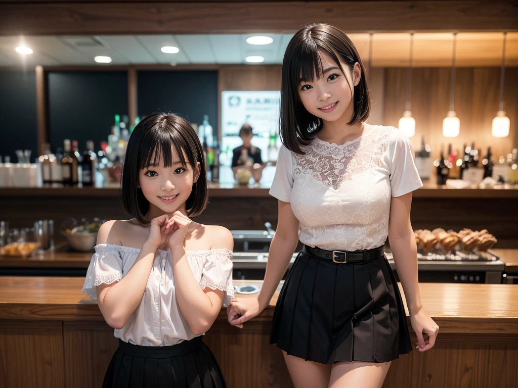 (Highest quality, masterpiece, Ultra-high resolution, 8K, RAW Photos, Realistic, Anatomically correct:1.5), (Stainless steel round bar fence:1.0, Put your elbow on the fence:1.2, high school girl、20-year-old girl:1.2, Embarrassing, avert your eyes, blush:1.0, View Viewer, ((bar)) 、Night view、 Light:1.2, Bokeh, Cinema Lighting:1.0, Depth of written boundary, sharp、 Cute face、Idol、Black short sleeve lace top、Black pleated skirt、Black clothing、”dwarf”、(Floral clothes)、Full Body Shot、Cowboy Shot、(( smile))、(Ultra short hair、Straight Hair)、(Straight bangs)、