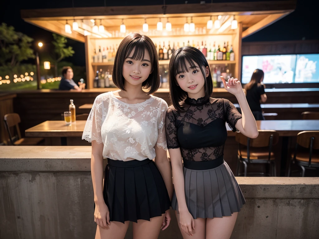 (Highest quality, masterpiece, Ultra-high resolution, 8K, RAW Photos, Realistic, Anatomically correct:1.5), (Stainless steel round bar fence:1.0, Put your elbow on the fence:1.2, high school girl、20-year-old girl:1.2, Embarrassing, avert your eyes, blush:1.0, View Viewer, ((bar)) 、Night view、 Light:1.2, Bokeh, Cinema Lighting:1.0, Depth of written boundary, sharp、 Cute face、Idol、Black short sleeve lace top、Black pleated skirt、Black clothing、”dwarf”、(Floral clothes)、Full Body Shot、Cowboy Shot、(( smile))、(Ultra short hair、Straight Hair)、(Straight bangs)、