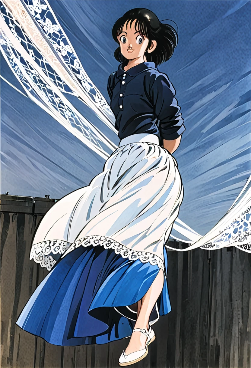 音無響子制服のLong skirt、The color is dark blue、
Low - Angle、制服のLong skirt、The color is dark blue、
Low - Angle、Long skirt、Hold down your skirt that is being blown up by the strong wind、Anime white panties in a strong wind、Crotch is visible
ローレグのパンツ、Color: White、
Crotch is visible、
、Lined、White lace lining、