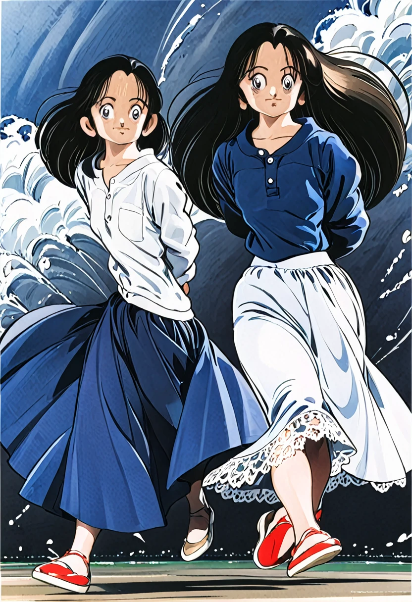 音無響子制服のLong skirt、The color is dark blue、
Low - Angle、制服のLong skirt、The color is dark blue、
Low - Angle、Long skirt、Hold down your skirt that is being blown up by the strong wind、Anime white panties in a strong wind、Crotch is visible
ローレグのパンツ、Color: White、
Crotch is visible、
、Lined、White lace lining、
