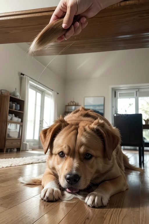 CREATE A REAL IMAGE OF A DOG SHEDDING HAIR AROUND THE HOUSE 