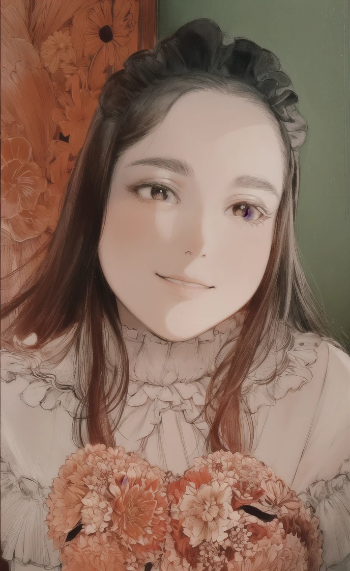 masterpiece, best quality, 1girl, solo, long_hair, looking_at_viewer, smile, bangs, skirt, shirt, long_sleeves, hat, dress, bow, holding, closed_mouth, flower, frills, hair_flower, petals, bouquet, holding_flower, center_frills, bonnet, holding_bouquet, flower field, flower field, lineart, monochrome, 