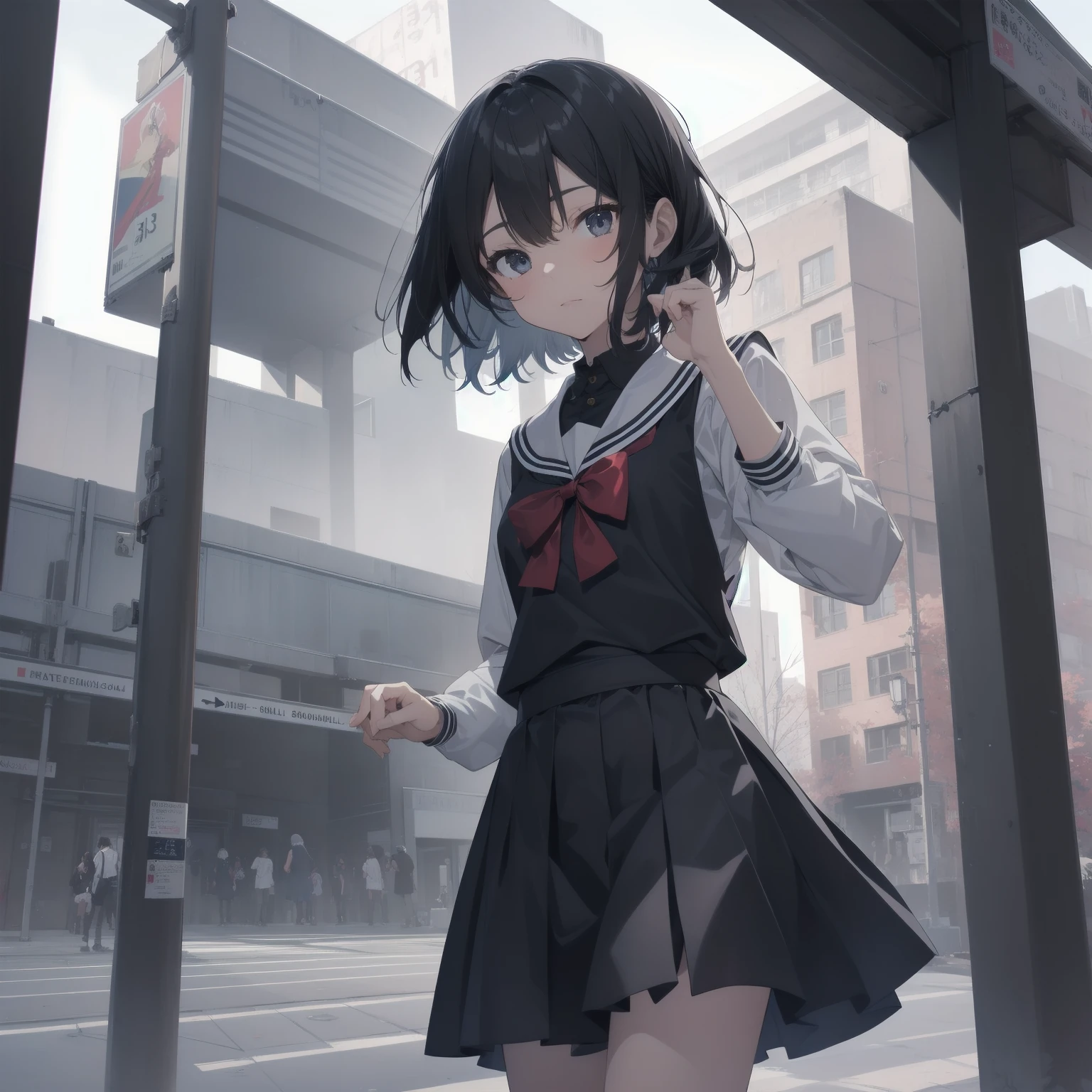 ultra-absurdres-Top quality by artist God, ultra-detailed, high resolution, anime moe artstyle, best anime 8k konachan wallpaper, pixiv contest winner, pool:2810, perfect ???????,break, 1girl, (Please draw a girl walking sleepily to school alone. )break,(Solo,little female, 13-year-old:1.3),Full limbs, complete fingers,a junior high school student, (very short hair), short cut, flat chest, , small butt, small black eyes, beautiful detailed eyes, well-proportioned iris and pupils, expressive eyes, highres detailed hair, soft expression, salor school_uniform, sailor collar, serahuku, bow, pleated skirt,(Detailed Lighting), (Detailed background), in the School commute route. break,super detailed skin, Best cinematic lighting powered by famous artist, 8k,beauty illustration,photoshop_(medium),very aesthetic,break,((artist:saiguchi_otoufu )), artist:clamp ,artist:carnelian ,artist:kantoku ,
