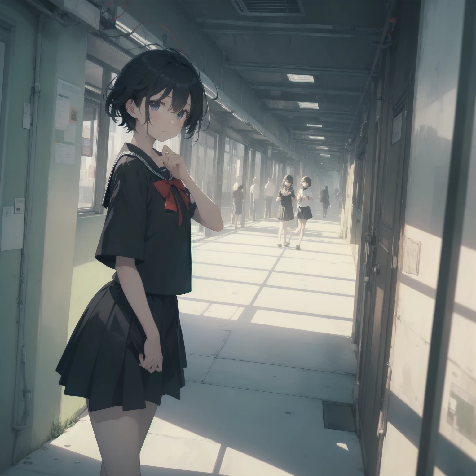 ultra-absurdres-Top quality by artist God, ultra-detailed, high resolution, anime moe artstyle, best anime 8k konachan wallpaper, pixiv contest winner, pool:2810, perfect anatomy,break, 1girl, (Please draw a girl walking sleepily to school alone. )break,(Solo,little female, 13-year-old:1.3),Full limbs, complete fingers,a junior high school student, (very short hair), short cut, flat chest, , small butt, small black eyes, beautiful detailed eyes, well-proportioned iris and pupils, expressive eyes, highres detailed hair, soft expression, salor school_uniform, sailor collar, serahuku, bow, pleated skirt,(Detailed Lighting), (Detailed background), in the School commute route. break,super detailed skin, Best cinematic lighting powered by famous artist, 8k,beauty illustration,photoshop_(medium),very aesthetic,break,((artist:saiguchi_otoufu )), artist:clamp ,artist:carnelian ,artist:kantoku ,
