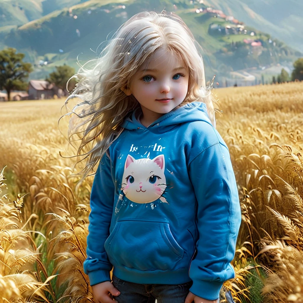 best quality, detailed, hyper detailed, beautiful, 8K, absurdres, village, a kitty, happy, smiling, standing, looking to the right, white hair, blue eyes, chibi, plump, hoodie, jeans, 5--old, the grassland, in the afternoon, fantasy, photorealistic, ultra realistic photo, 3D render, anthropomorphism, full body shot, on right, wide view, rule of thirds, midday, shining lights, dramatic lighting, volumetric lighting, depth of field, dramatic contrast, DarkGoldenrod