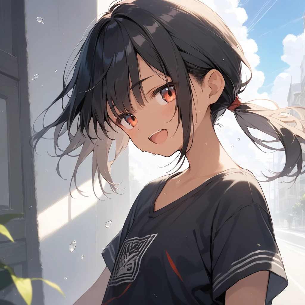 score_9, score_8_up, score_7_up, source_anime, best quality, masterpiece, official art, absurdres, highres, ultra-detailed,waifu2x,Collection: Slice of Life,break,1girl, tomboy, dark-skinned female, short hair, low ponytail, flat chest, beautiful detailed eyes, short shorts, sweat, open mouth, (yawn:0.3), sleepily, outdoors, wind, break,(clear line illustration:1.2),very high resolution, very aesthetic, super detailed skin, Best sexual lighting powered by famous artist, 8k,cute picture,beauty illustration,photoshop_(medium),,(Detailed Lighting),best anime 8k konachan wallpaper, pixiv contest winner,