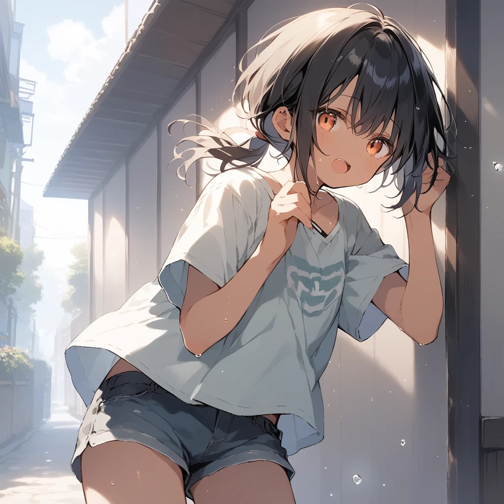 score_9, score_8_up, score_7_up, source_anime, best quality, masterpiece, official art, absurdres, highres, ultra-detailed,waifu2x,Collection: Slice of Life,break,1girl, tomboy, dark-skinned female, short hair, low ponytail, flat chest, beautiful detailed eyes, short shorts, sweat, open mouth, (yawn:0.3), sleepily, outdoors, wind, break,(clear line illustration:1.2),very high resolution, very aesthetic, super detailed skin, Best sexual lighting powered by famous artist, 8k,cute picture,beauty illustration,photoshop_(medium),,(Detailed Lighting),best anime 8k konachan wallpaper, pixiv contest winner, 