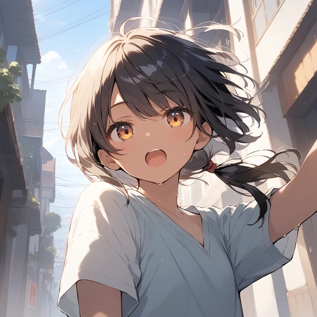 score_9, score_8_up, score_7_up, source_anime, best quality, masterpiece, official art, absurdres, highres, ultra-detailed,waifu2x,Collection: Slice of Life,break,1girl, tomboy, dark-skinned female, short hair, low ponytail, flat chest, beautiful detailed eyes, short shorts, sweat, open mouth, (yawn:0.3), sleepily, outdoors, wind, break,(clear line illustration:1.2),very high resolution, very aesthetic, super detailed skin, Best sexual lighting powered by famous artist, 8k,cute picture,beauty illustration,photoshop_(medium),,(Detailed Lighting),best anime 8k konachan wallpaper, pixiv contest winner, 