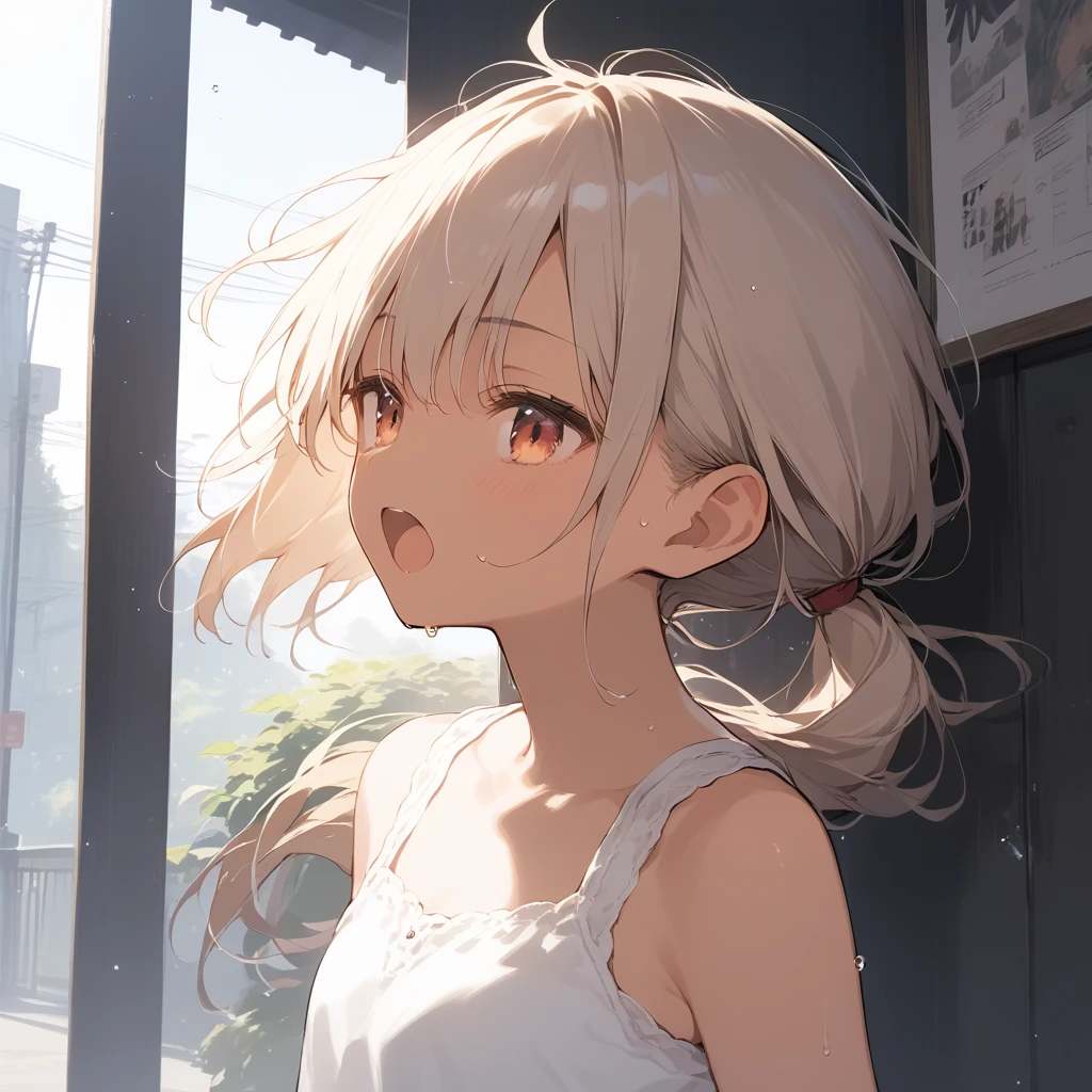 score_9, score_8_up, score_7_up, source_anime, best quality, masterpiece, official art, absurdres, highres, ultra-detailed,waifu2x,Collection: Slice of Life,break,1girl, tomboy, dark-skinned female, short hair, low ponytail, flat chest, beautiful detailed eyes, short shorts, sweat, open mouth, (yawn:0.3), sleepily, outdoors, wind, break,(clear line illustration:1.2),very high resolution, very aesthetic, super detailed skin, Best sexual lighting powered by famous artist, 8k,cute picture,beauty illustration,photoshop_(medium),,(Detailed Lighting),best anime 8k konachan wallpaper, pixiv contest winner, 