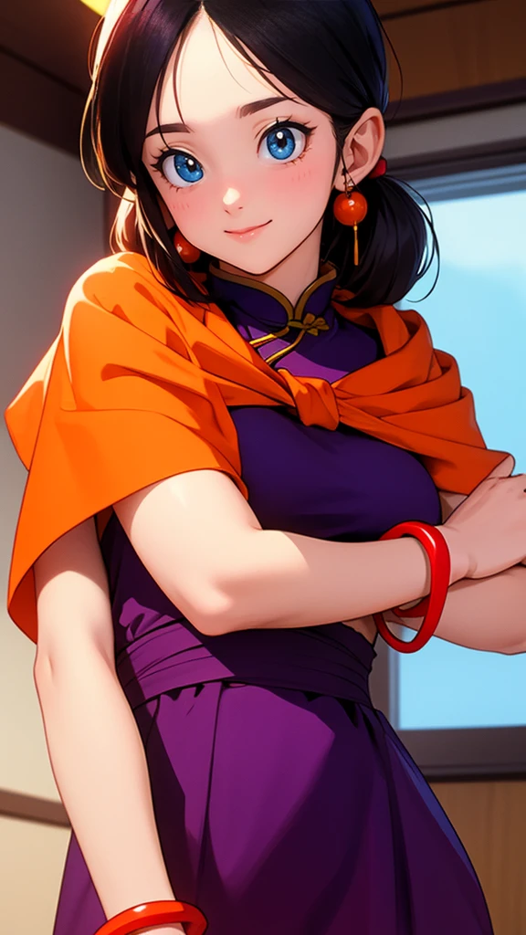 masterpiece, best quality, highest quality, photorealistic, perfect anatomy, perfect face, perfect eyes,
dbzch1ch1, sidelocks, bangs, single hair bun, hair bun, (black eyes), orange pashmina wrap, red sphere earrings , red wristbands, purple cheongsam, sexy  pose