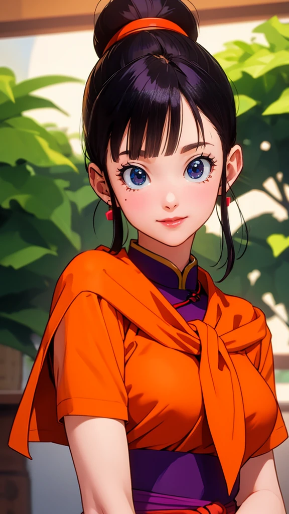 masterpiece, best quality, highest quality, photorealistic, perfect anatomy, perfect face, perfect eyes,
dbzch1ch1, sidelocks, bangs, single hair bun, hair bun, (black eyes), orange pashmina wrap, red sphere earrings , red wristbands, purple cheongsam, sexy  pose