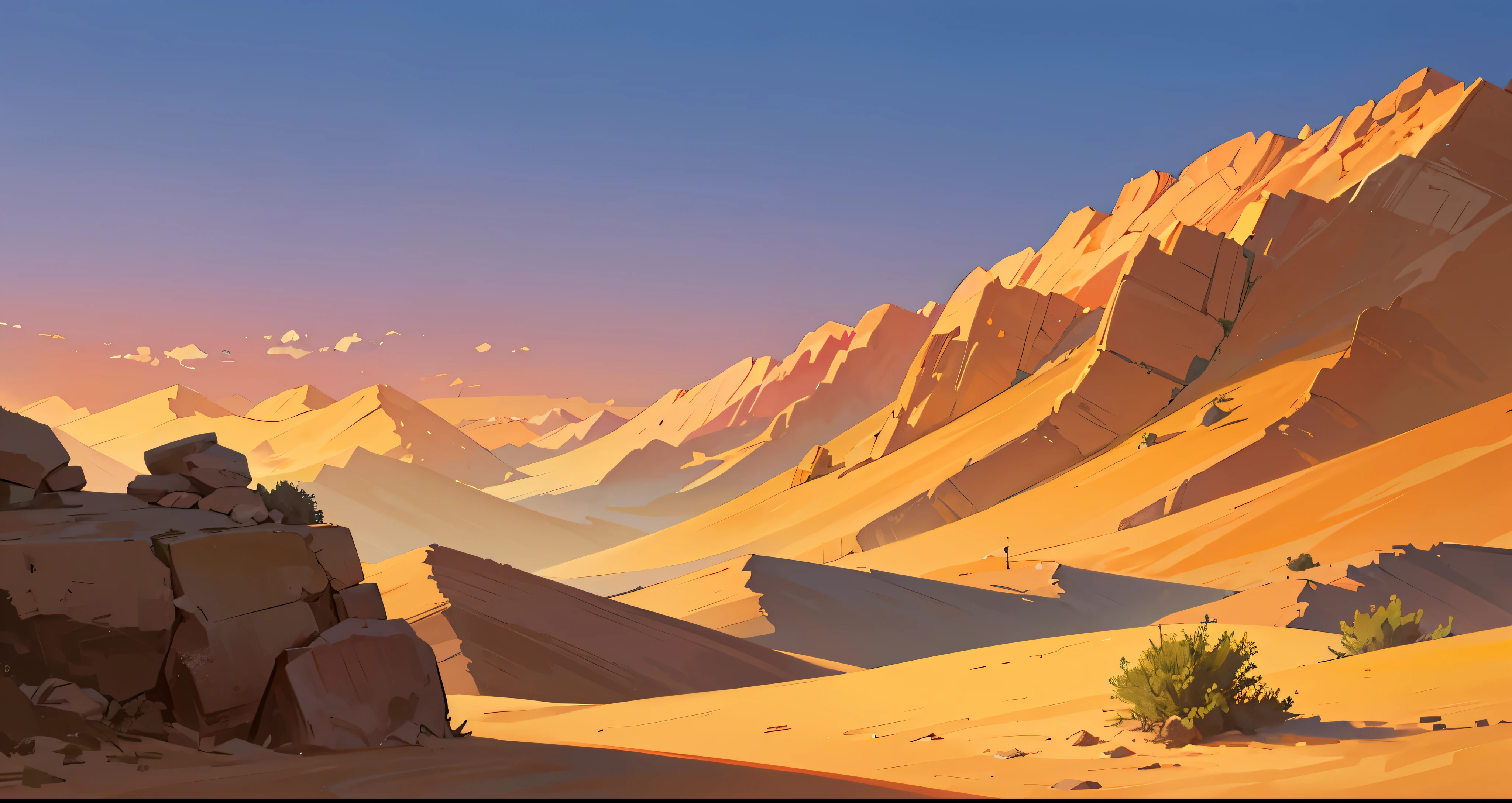 desert scene, sunset background，Desert dunes，Dusty stones in the background, thick cloud, Bizzato Passage,  moutain,