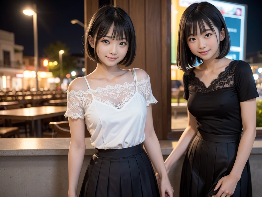 (Highest quality, masterpiece, Ultra-high resolution, 8K, RAW Photos, Realistic, Anatomically correct:1.5), (Stainless steel round bar fence:1.0, Put your elbow on the fence:1.2, high school girl、20-year-old girl:1.2, Embarrassing, avert your eyes, blush:1.0, View Viewer, ((bar)) 、Night view、 Light:1.2, Bokeh, Cinema Lighting:1.0, Depth of written boundary, sharp、 Cute face、Idol、Black short sleeve lace top、Black pleated skirt、Black clothing、”dwarf”、(Floral clothes)、Full Body Shot、Cowboy Shot、(( smile))、(Ultra short hair、Straight Hair)、(Straight bangs)、