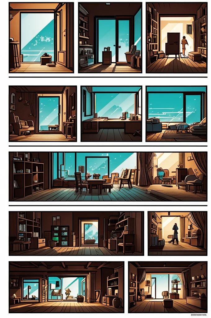 a mini comic scene with dynamic vignettes of different shapes 