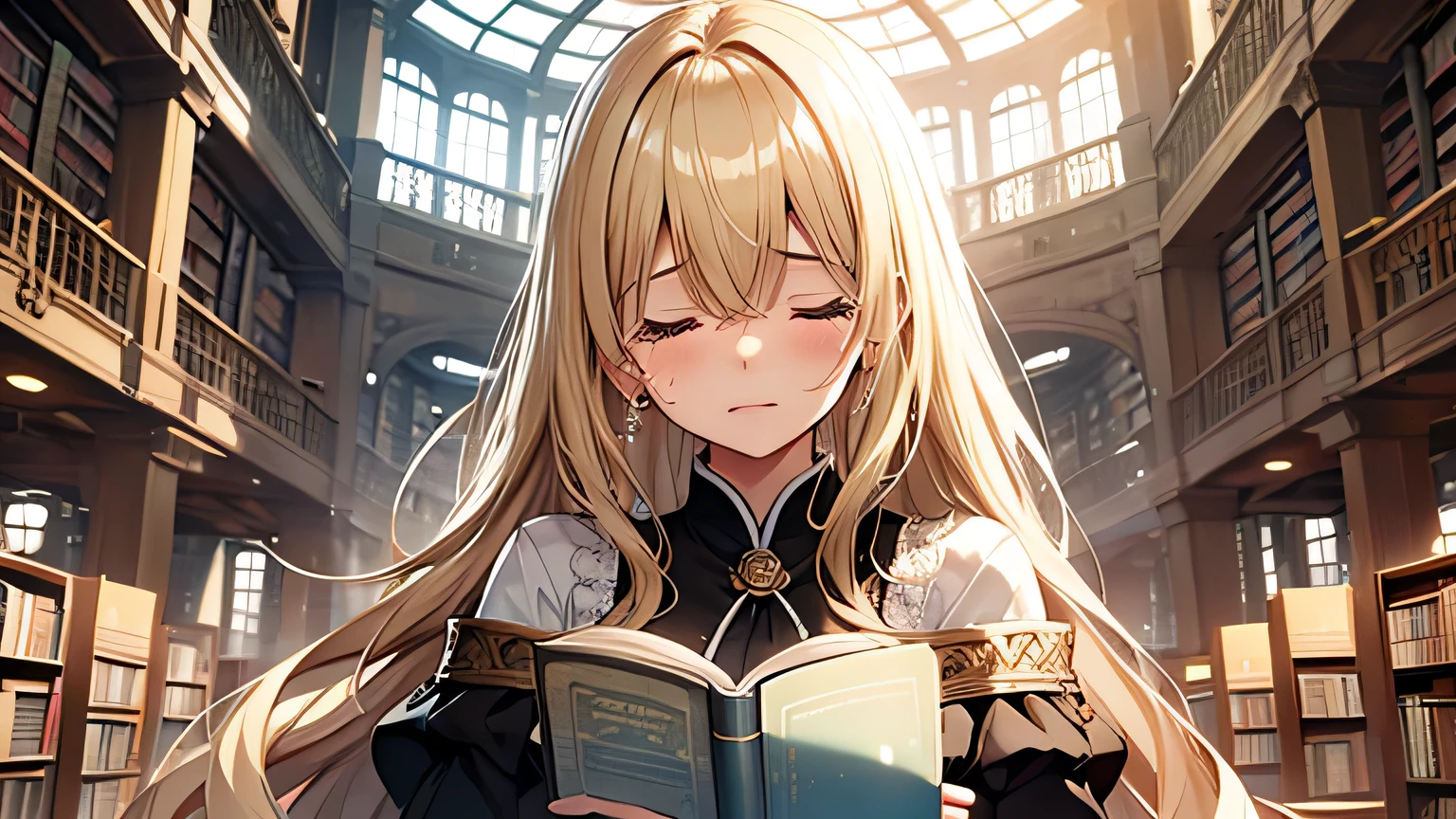 ((Highest quality)), ((masterpiece)), (detailed), One girl, library、I read a book、Tears、Close ~ eyes、blonde、Smooth Hair、
