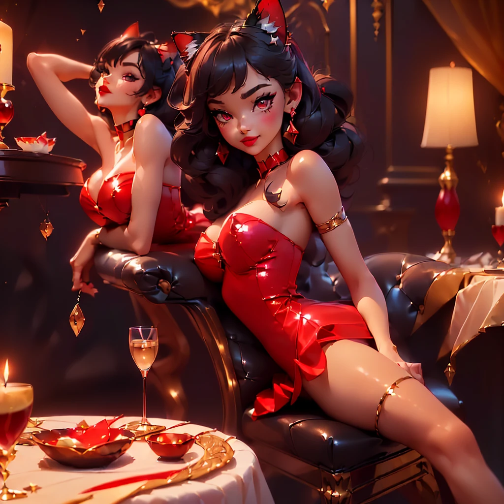 ((point of view)), ((junkotvv)) ((cat ears)), ((in love, she is in love, she loves the viewer))((romantic dinner date, champagne, Canddles)) ((tall and sexy russian supermodel)) ((beautiful face)) ((wide and happy smile)) ((bright red lipstick)) ((very dark eyeshadow makeup)) ((Big bright red eyes)) ((very long and messy black hair, fringe)) (()) ((very big chest:1.5)) ((perfect slim body torso1.3)) ((she is wearing a red strapless sequin dress)) ((red choker, earrings, red stockings)) (())((Inside the dark room sit on a chair having a romantic dinner, many Canddles around))(high resolution, DYNAMIC SHADOWS)((photorealistic:1.5)) ((Masterpiece:1.3)) (8k) (Perfect face) ((Best Quality:1.4)) (Perfect hands and eyes)