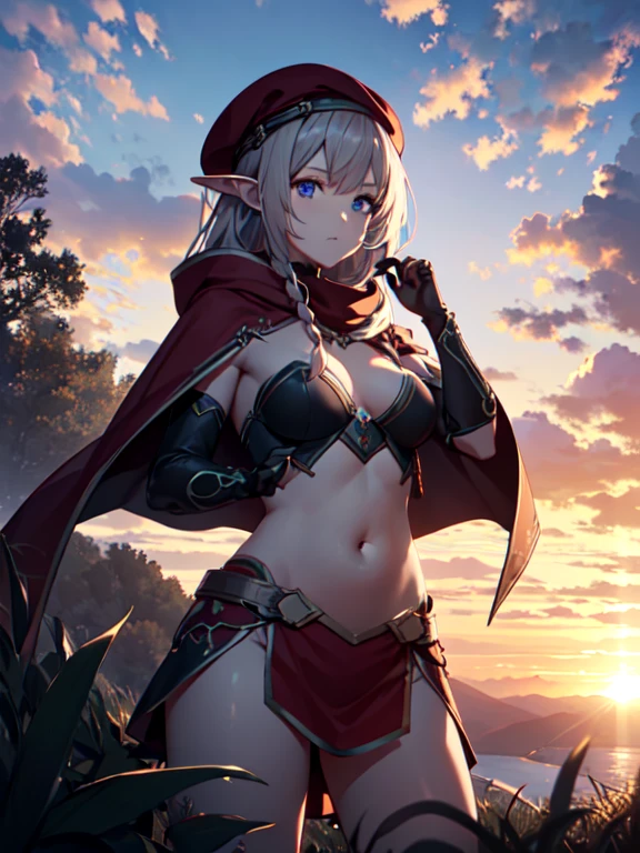 early morning, sunrise, forest, Summit, Alone, Alone, Long Hair, blue eyes, bionde, Braiding, Pointed Ears, Fairy, side Braiding, BREAK gloves, Have, Elbow hand pockets, cape, beret, belly button, abdomen, BREAK looking at viewer, whole body, BREAK outdoors, nature, BREAK (masterpiece:1.2), highest quality, High resolution, unity 8k wallpaper, (figure:0.8), (Beautiful fine details:1.6), Highly detailed face, Perfect lighting, Highly detailed CG, (Perfect hands, Perfect Anatomy), uhd, retina, masterpiece, ccurate, anatomically correct, textured skin, super detail, high details, high quality, best quality, highres, 4K