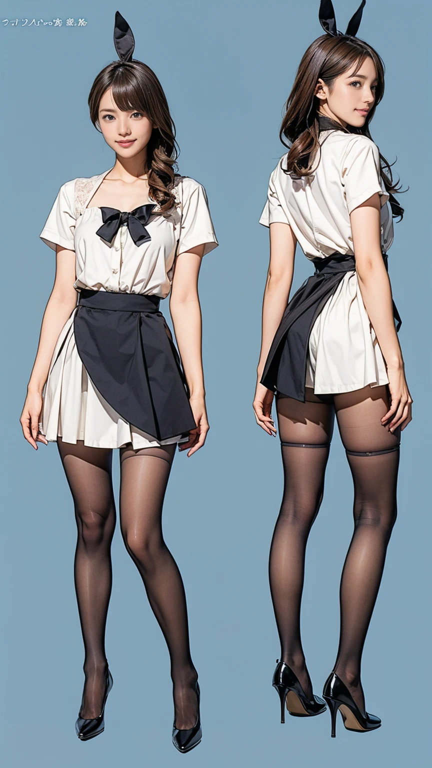 ((masterpiece)),(((Highest quality))),((Character design sheet)),Thin thighs,Long legs,Bunny girl in a light blue maid outfit:1.5,Wearing light blue tights:1.5,The best smile:1.5,Full Body Shot:1.5,Gray background:1.5,Wearing black high heels:1.5,short side wave:1.5,