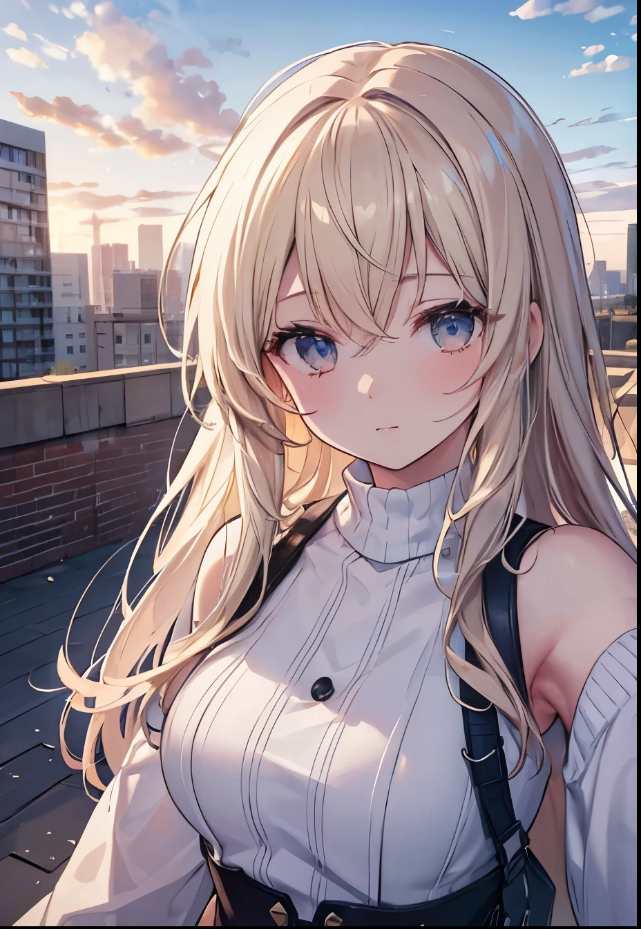 (alone:1.3)), One Girl, Highest quality, Genuineistic, Realistic, Highest quality, masterpiece, Very delicate and beautiful, Very detailed, (Selfie:1.2), Finer details, Very detailedな, High resolution, Very detailed, Genuineistic, Ultra High resolution, Highest quality, Ultra High resolution, (Genuine:1.4), High-quality texture, Wear a thin white summer knit, On the roof, bangs, Long Hair , Afternoon Light, Wonderful sky and clouds