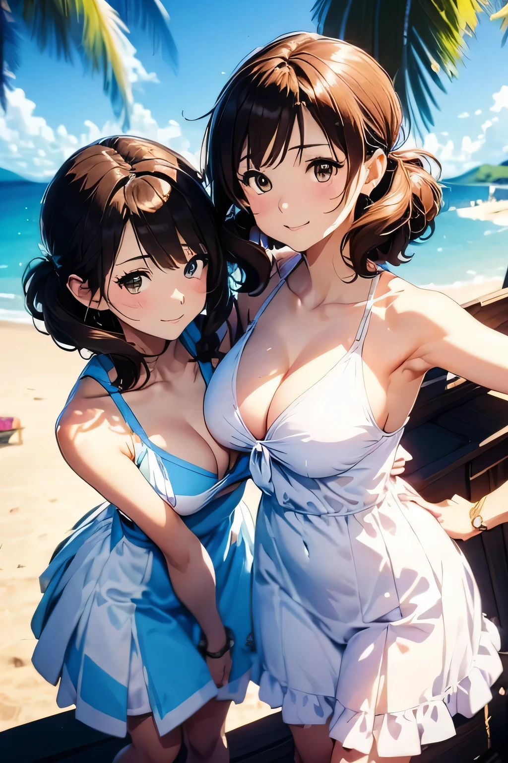 Highest quality、High resolution、Detailed Background、(Beautiful face in every detail:1.4)、Anatomically correct、Hide your fingers、(Detailed facial expressions)、(Detailed eyes:1.2)、Beautiful women in their 20s、(Highly detailed face:1.4)、(Huge breasts:1.2)、Cute hair colour、Bobcut、ponytail、Long Hair、Wavy Hairstyle、well-groomed eyebrows、Cute Eye Makeup、Cute Lip Makeup、Perfect body line、smile、Summer dresses give you a sexy and elegant look.、(Two beautiful girls looking at you with happy expressions:1.5)、Sandy Beach、Outdoor、very beautiful、Cute gestures