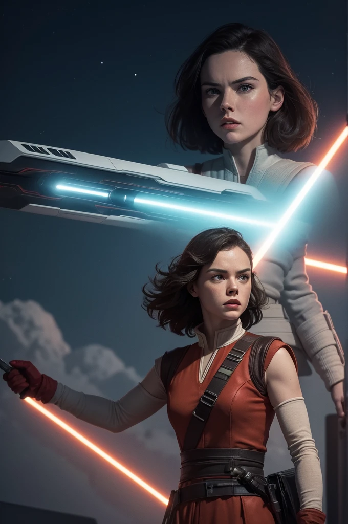 In the new episodes of the 1983 series V: The Original Miniseries, Daisy Ridley with the face of Rey Skywalker wears Commander Diana's red uniform, on top of a building at night, with a large spaceship with many lights, in the shape of an Ovini, behind above her
