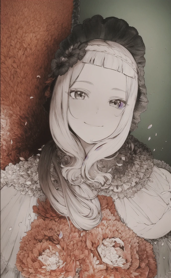 masterpiece, best quality, 1girl, solo, long_hair, looking_at_viewer, smile, bangs, skirt, shirt, long_sleeves, hat, dress, bow, holding, closed_mouth, flower, frills, hair_flower, petals, bouquet, holding_flower, center_frills, bonnet, holding_bouquet, flower field, flower field, lineart, monochrome,