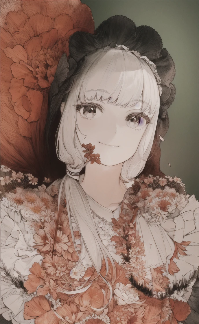 masterpiece, best quality, 1girl, solo, long_hair, looking_at_viewer, smile, bangs, skirt, shirt, long_sleeves, hat, dress, bow, holding, closed_mouth, flower, frills, hair_flower, petals, bouquet, holding_flower, center_frills, bonnet, holding_bouquet, flower field, flower field, lineart, monochrome,