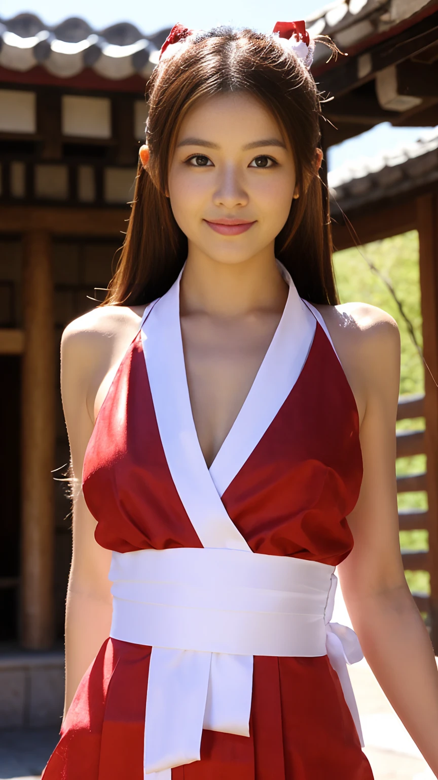 Mai Shiranui, Brown eyes, The whole body is reflected,toes visible,  standing, whole body, prestige, long hair, Brown hair, white ribbon, without sleeves, ponytail, sash, pelvic curtain, guards, mittens, or, fascinated expression, sexy eyes, Medium breasts, smile, Cute, view viewer, long hair, Near the Japanese Temple, (focus on chest:1.2), (realistic:1.2), (full frame: 1.2), (Realism), (table:1.2), (Best quality), (ultra detailed), (8 k, 4K, confused), (85 mm), light particle, lighting, (very detailed:1.2), (detailed face:1.2), (gradients), SFV, Colorful, (detailed eyes:1.2), (Detailed temples of Japan: 1.2),(detailed background), (dynamic angle:1.2), (dynamic pose:1.2), (Line of action:1.2), wide shot, daylight, One.