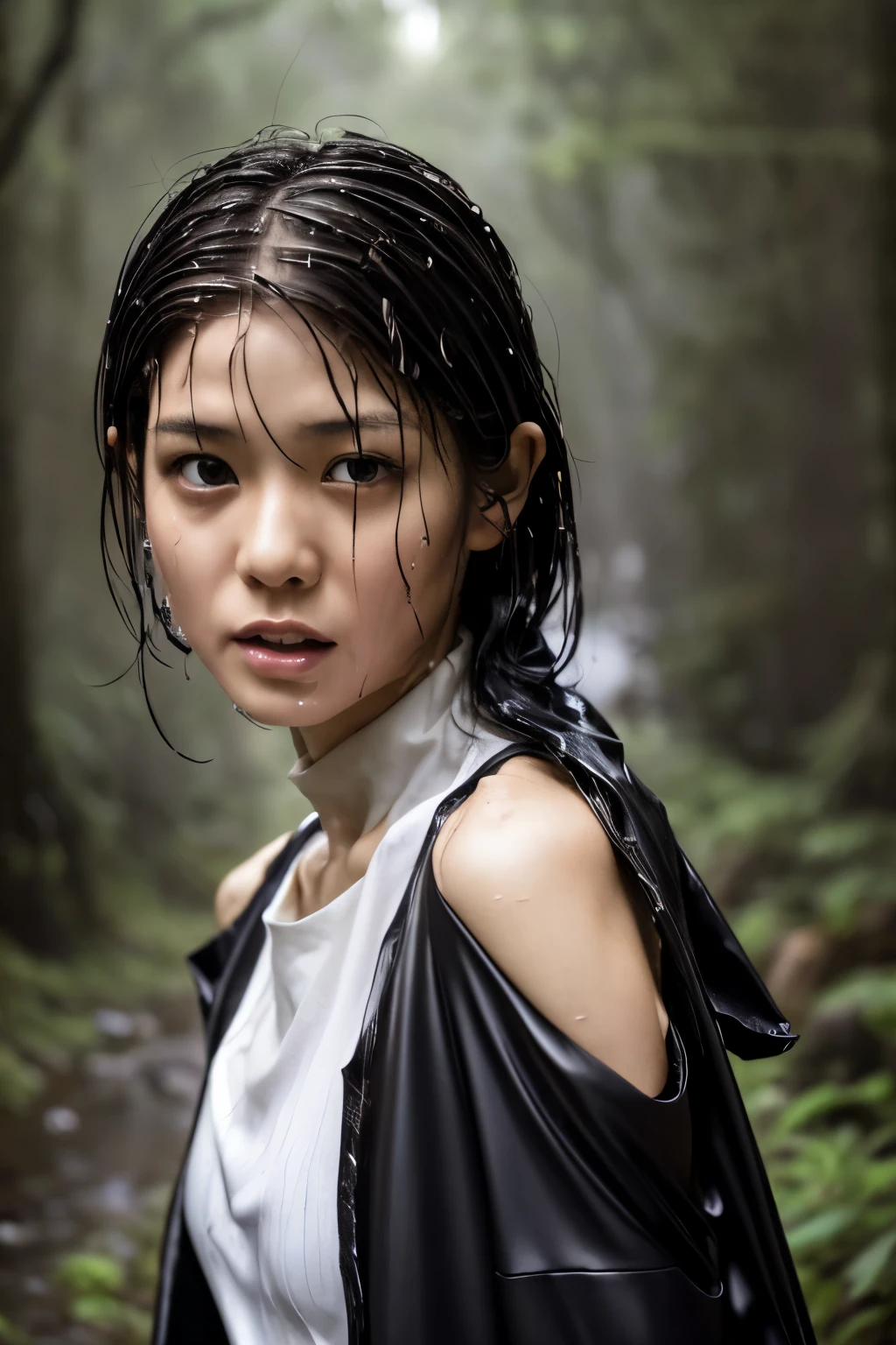 Best Image Quality, masterpiece, Ultra high resolution, (loyalty :1.4), Skinny Japanese woman, 1 girl, detailed face, detailed eyes, correct human body structure, dim, Dark, Tears, Tearsdrop, (White tight shirt), (wet soaked clothes:1.4), bare shoulders, wet hair, torrential rain, in the forest,