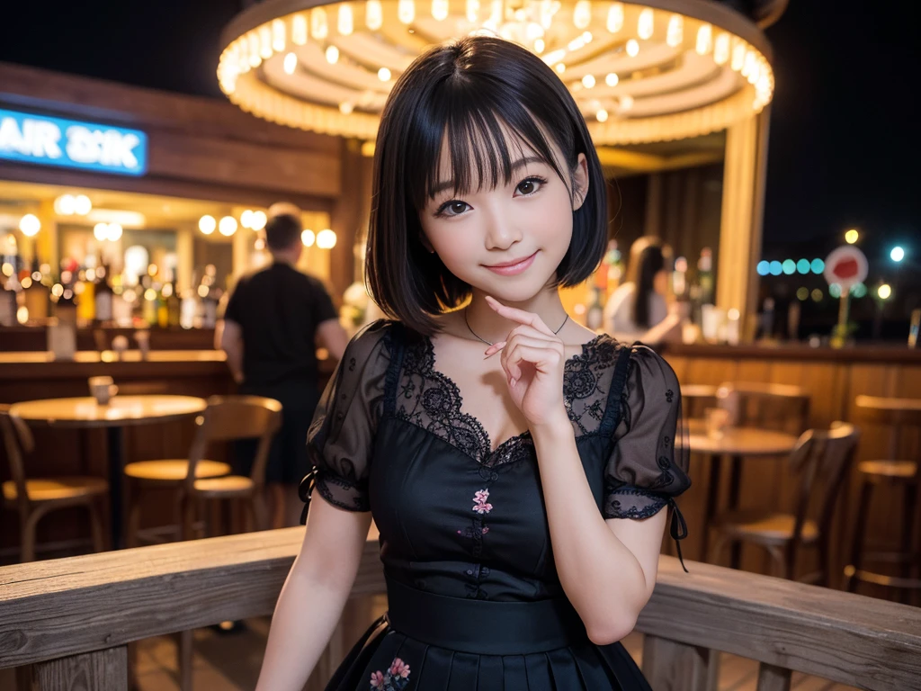 (Highest quality, masterpiece, Ultra-high resolution, 8K, RAW Photos, Realistic, Anatomically correct:1.5), (Stainless steel round bar fence:1.0, Put your elbow on the fence:1.2, high school girl、20-year-old girl:1.2, Embarrassing, avert your eyes, blush:1.0, View Viewer, ((bar)) 、Night view、 Light:1.2, Bokeh, Cinema Lighting:1.0, Depth of written boundary, sharp、 Cute face、Idol、Black short sleeve lace top、Black pleated skirt、Black clothing、”dwarf”、(Floral clothes)、Full Body Shot、Cowboy Shot、(( smile))、(Ultra short hair、Straight Hair)、(Straight bangs)、