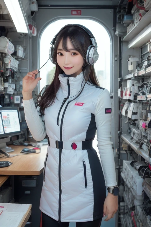 masterpiece, Highest quality, Very detailed, 8K Portrait,Japanese Android Girl,plump , Control panel,Robotic arms and legs, Blunt bangs,,break (Metallic Gray, Metallic luster, Mirror finish, Astro Best):5,headphone:5,break (Black sleeves):100,Smart Watches,Futuristic space station,Control Room,break headphone,blue eyes,(Black Hair):2,(Long Hair):1.3,Displaying the viewer,(respirator),break blush:3,Hidden Hand,smile