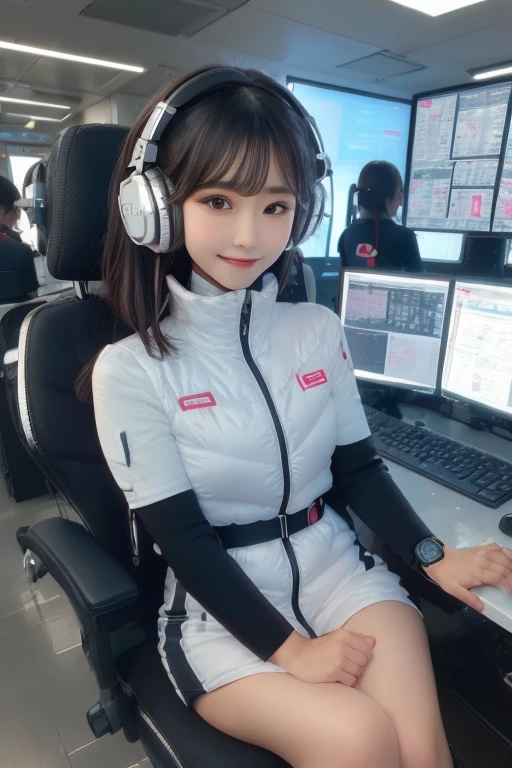 masterpiece, Highest quality, Very detailed, 8K Portrait,Japanese Android Girl,plump , Control panel,Robotic arms and legs, Blunt bangs,,break (Metallic Gray, Metallic luster, Mirror finish, Astro Best):5,headphone:5,break (Black sleeves):100,Smart Watches,Futuristic space station,Control Room,break headphone,blue eyes,(Black Hair):2,(Long Hair):1.3,Displaying the viewer,(respirator),break blush:3,Hidden Hand,smile