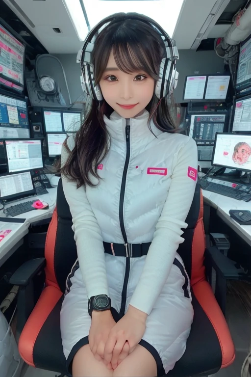 masterpiece, Highest quality, Very detailed, 8K Portrait,Japanese Android Girl,plump , Control panel,Robotic arms and legs, Blunt bangs,,break (Metallic Gray, Metallic luster, Mirror finish, Astro Best):5,headphone:5,break (Black sleeves):100,Smart Watches,Futuristic space station,Control Room,break headphone,blue eyes,(Black Hair):2,(Long Hair):1.3,Displaying the viewer,(respirator),break blush:3,Hidden Hand,smile