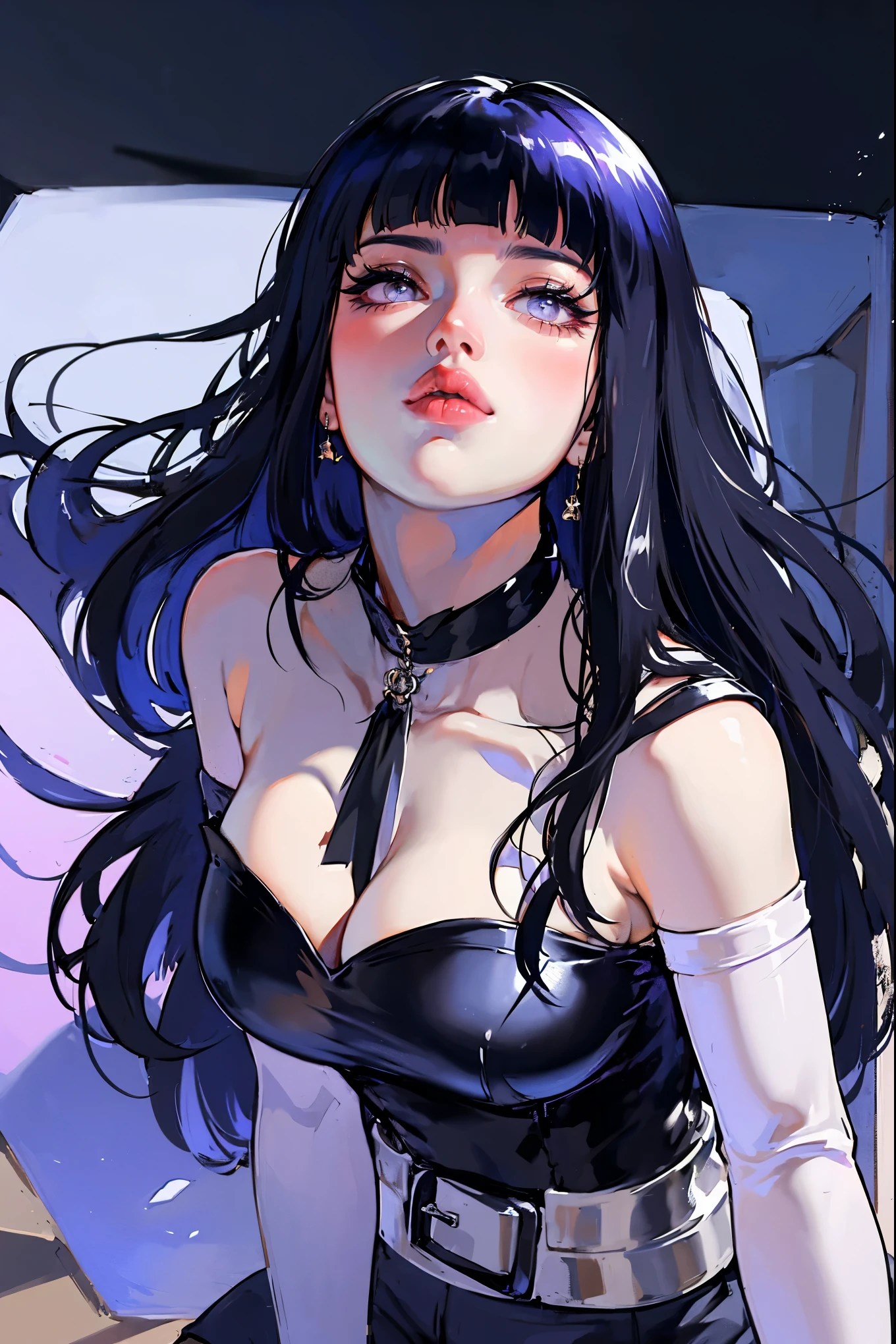 1girl, close up of face, adult, Hinata Hyuga, the last, shy girl, long black hair, blunt bangs, dark hair, Voluminous hair, lavender eyes, no pupils, Lavender Sleeveless Blouse, long black boots, navy blue shorts, Black translucent stockings, holster, bandage on thigh, open sandals, big breasts, wide hips, shapely legs, slim waist, masterpiece, best quality, Professional, realistic.