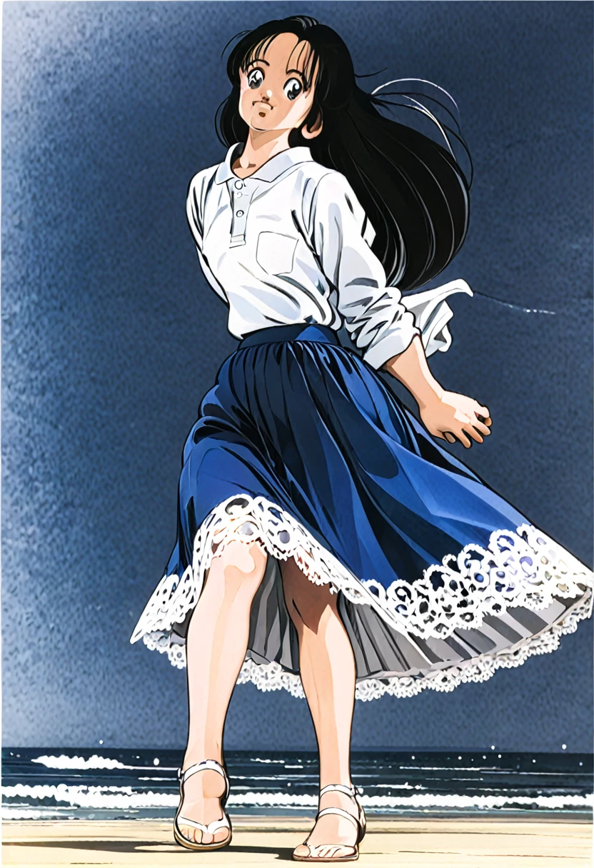 音無響子制服のLong skirt、The color is dark blue、
Low - Angle、制服のLong skirt、The color is dark blue、
Low - Angle、Long skirt、Hold down your skirt that is being blown up by the strong wind、Anime white panties in a strong wind、Crotch is visible
ローレグのパンツ、Color: White、
Crotch is visible、
、Lined、White lace lining、
