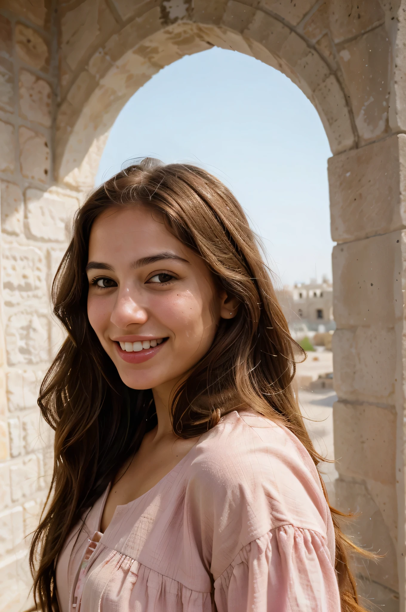a photo-realistic portrait of a beautiful Palestinian woman with long brown hair, pink dress, white teeth, and a cute smile, with highly detailed and realistic facial features, modest expression, and realistic white skin tone
